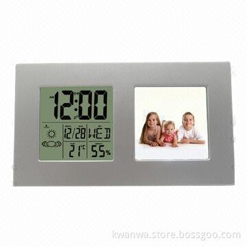 Funny desk clock with weather station and photo frame function